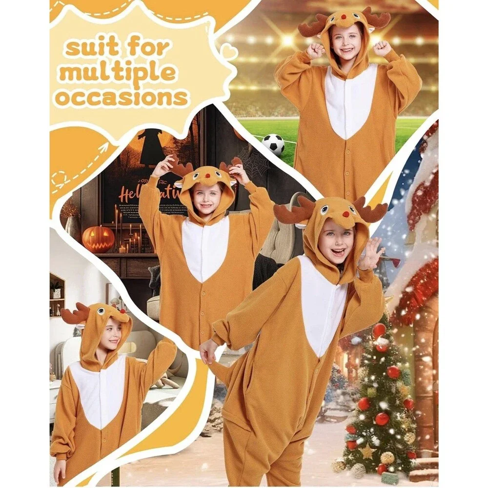 Kids Reindeer One Piece Pajamas Unisex Christmas Cosplay Costume - 5T - NEW